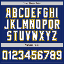 Load image into Gallery viewer, Custom Royal White Navy-Gold Bomber Full-Snap Varsity Letterman Jacket
