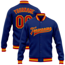 Load image into Gallery viewer, Custom Royal Red-Gold Bomber Full-Snap Varsity Letterman Jacket
