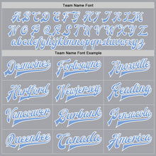 Load image into Gallery viewer, Custom Gray Light Blue-White Bomber Full-Snap Varsity Letterman Jacket
