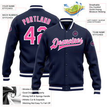 Load image into Gallery viewer, Custom Navy Pink-White Bomber Full-Snap Varsity Letterman Jacket
