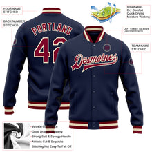Load image into Gallery viewer, Custom Navy Maroon-Cream Bomber Full-Snap Varsity Letterman Jacket
