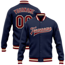 Load image into Gallery viewer, Custom Navy Maroon-Cream Bomber Full-Snap Varsity Letterman Jacket
