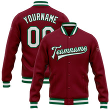 Load image into Gallery viewer, Custom Crimson White-Kelly Green Bomber Full-Snap Varsity Letterman Jacket
