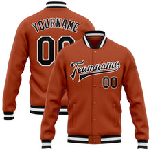 Load image into Gallery viewer, Custom Texas Orange Black-White Bomber Full-Snap Varsity Letterman Jacket
