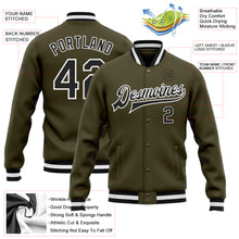 Load image into Gallery viewer, Custom Olive Black-White Bomber Full-Snap Varsity Letterman Salute To Service Jacket
