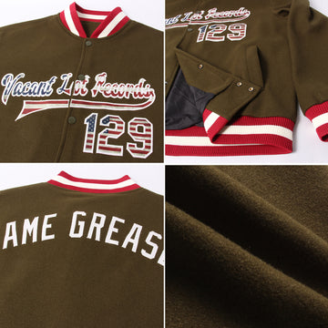 Custom Olive Vintage USA Flag Cream-Maroon Bomber Full-Snap Varsity Letterman Salute To Service Jacket