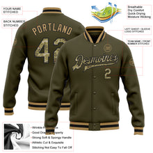 Load image into Gallery viewer, Custom Olive Camo Black-Old Gold Bomber Full-Snap Varsity Letterman Salute To Service Jacket
