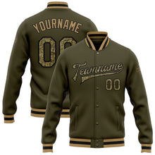 Load image into Gallery viewer, Custom Olive Camo Black-Old Gold Bomber Full-Snap Varsity Letterman Salute To Service Jacket

