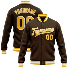 Load image into Gallery viewer, Custom Brown Gold-White Bomber Full-Snap Varsity Letterman Jacket
