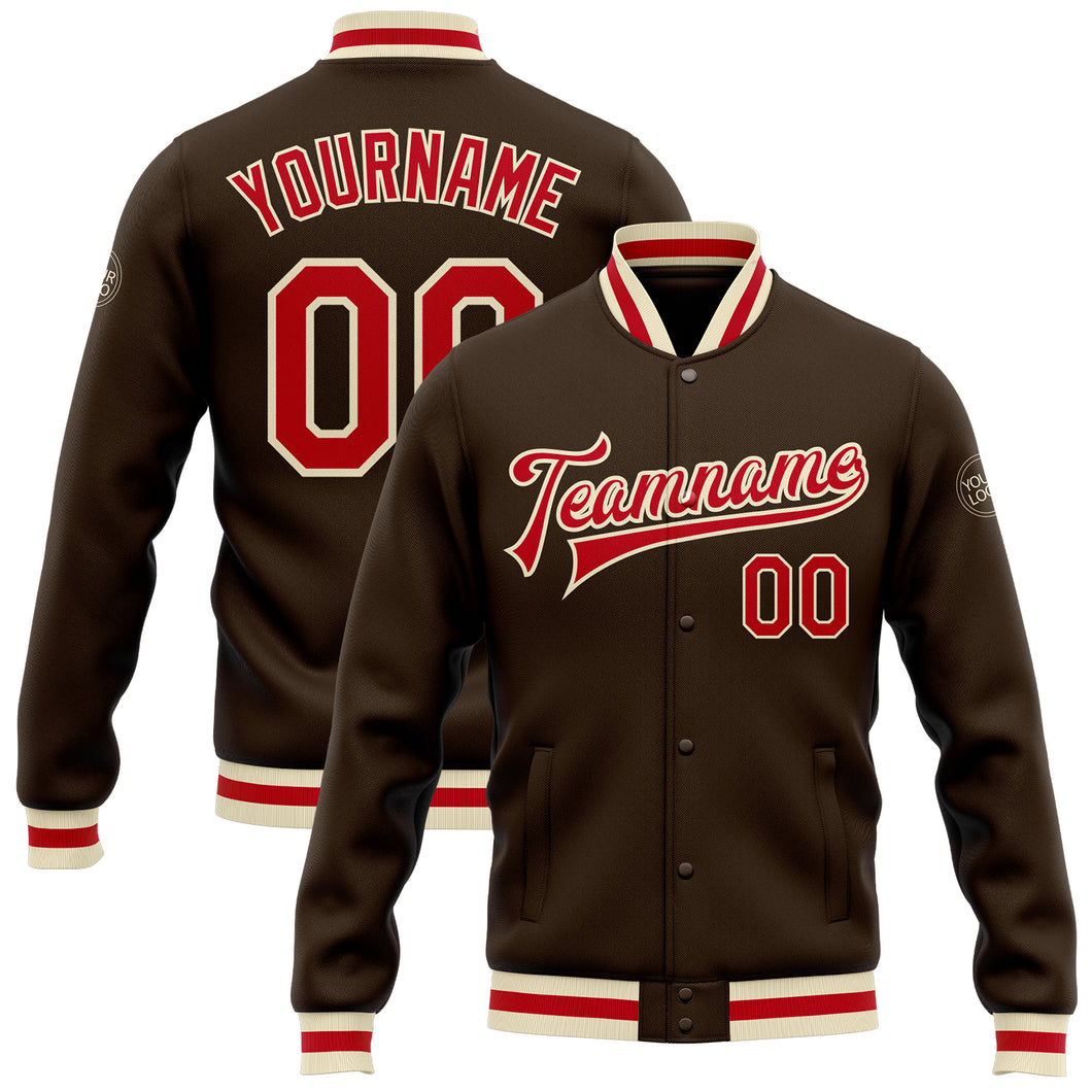 Custom Brown Red-Cream Bomber Full-Snap Varsity Letterman Jacket