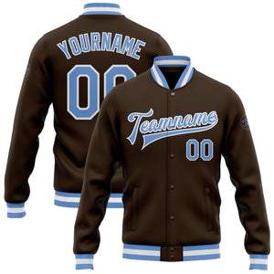 Custom Brown Light Blue-White Bomber Full-Snap Varsity Letterman Jacket