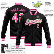 Load image into Gallery viewer, Custom Black Pink-Neon Green Bomber Full-Snap Varsity Letterman Jacket
