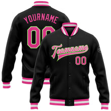 Load image into Gallery viewer, Custom Black Pink-Neon Green Bomber Full-Snap Varsity Letterman Jacket
