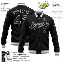 Load image into Gallery viewer, Custom Black Black-Gray Bomber Full-Snap Varsity Letterman Jacket

