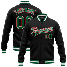 Load image into Gallery viewer, Custom Black Kelly Green-Red Bomber Full-Snap Varsity Letterman Jacket
