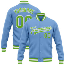 Load image into Gallery viewer, Custom Light Blue Neon Green-White Bomber Full-Snap Varsity Letterman Jacket
