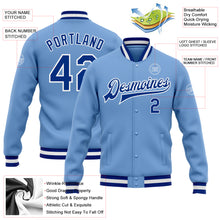 Load image into Gallery viewer, Custom Light Blue Royal-White Bomber Full-Snap Varsity Letterman Jacket
