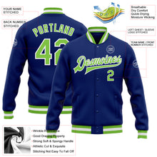 Load image into Gallery viewer, Custom Royal Neon Green-White Bomber Full-Snap Varsity Letterman Jacket
