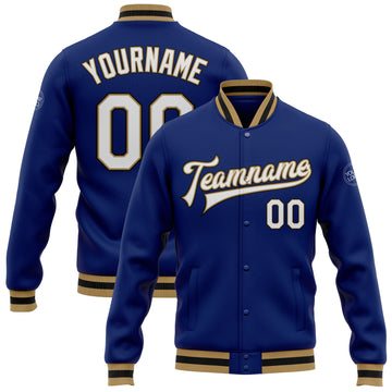 Custom Royal White Old Gold-Black Bomber Full-Snap Varsity Letterman Jacket