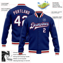 Load image into Gallery viewer, Custom Royal White-Red Bomber Full-Snap Varsity Letterman Jacket
