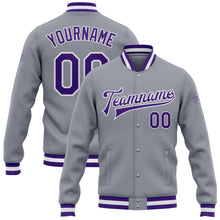 Load image into Gallery viewer, Custom Gray Purple-White Bomber Full-Snap Varsity Letterman Jacket
