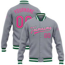 Load image into Gallery viewer, Custom Gray Pink-Kelly Green Bomber Full-Snap Varsity Letterman Jacket
