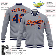 Load image into Gallery viewer, Custom Gray Navy-Orange Bomber Full-Snap Varsity Letterman Jacket
