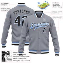 Load image into Gallery viewer, Custom Gray Black-Light Blue Bomber Full-Snap Varsity Letterman Jacket
