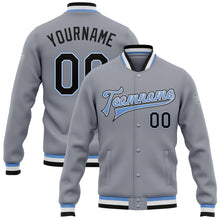 Load image into Gallery viewer, Custom Gray Black-Light Blue Bomber Full-Snap Varsity Letterman Jacket
