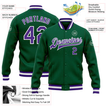 Load image into Gallery viewer, Custom Kelly Green Purple-White Bomber Full-Snap Varsity Letterman Jacket
