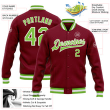 Load image into Gallery viewer, Custom Crimson Neon Green-White Bomber Full-Snap Varsity Letterman Jacket
