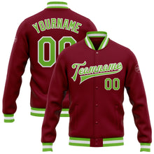 Load image into Gallery viewer, Custom Crimson Neon Green-White Bomber Full-Snap Varsity Letterman Jacket
