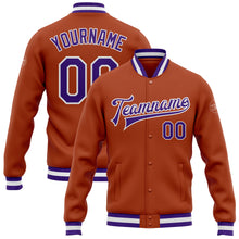 Load image into Gallery viewer, Custom Texas Orange Purple-White Bomber Full-Snap Varsity Letterman Jacket
