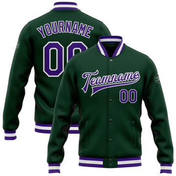 Custom Green Purple-White Bomber Full-Snap Varsity Letterman Jacket