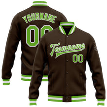 Load image into Gallery viewer, Custom Brown Neon Green-White Bomber Full-Snap Varsity Letterman Jacket
