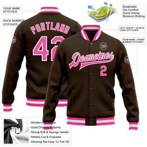 Custom Brown Pink-White Bomber Full-Snap Varsity Letterman Jacket