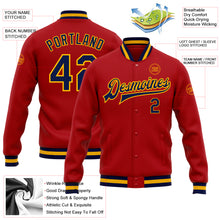 Load image into Gallery viewer, Custom Red Navy-Gold Bomber Full-Snap Varsity Letterman Jacket
