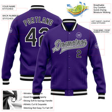 Load image into Gallery viewer, Custom Purple Black-Gray Bomber Full-Snap Varsity Letterman Jacket
