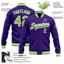 Load image into Gallery viewer, Custom Purple Neon Green-White Bomber Full-Snap Varsity Letterman Jacket
