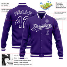 Load image into Gallery viewer, Custom Purple Purple-White Bomber Full-Snap Varsity Letterman Jacket
