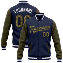 Load image into Gallery viewer, Custom Navy Camo-Olive Bomber Full-Snap Varsity Letterman Two Tone Jacket
