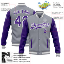 Load image into Gallery viewer, Custom Gray Purple-White Bomber Full-Snap Varsity Letterman Two Tone Jacket
