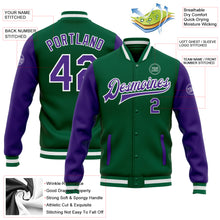 Load image into Gallery viewer, Custom Kelly Green Purple-White Bomber Full-Snap Varsity Letterman Two Tone Jacket
