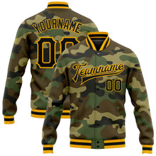 Load image into Gallery viewer, Custom Camo Black-Gold Bomber Full-Snap Varsity Letterman Salute To Service Jacket
