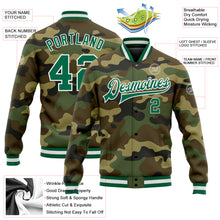 Load image into Gallery viewer, Custom Camo Kelly Green-White Bomber Full-Snap Varsity Letterman Salute To Service Jacket
