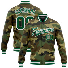 Load image into Gallery viewer, Custom Camo Kelly Green-White Bomber Full-Snap Varsity Letterman Salute To Service Jacket
