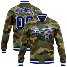 Load image into Gallery viewer, Custom Camo Royal-White Bomber Full-Snap Varsity Letterman Salute To Service Jacket

