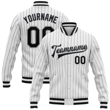 Load image into Gallery viewer, Custom White Black Pinstripe Black-Gray Bomber Full-Snap Varsity Letterman Jacket
