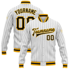 Load image into Gallery viewer, Custom White Black Pinstripe Black-Gold Bomber Full-Snap Varsity Letterman Jacket
