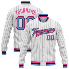 Load image into Gallery viewer, Custom White Black Pinstripe Light Blue Black-Pink Bomber Full-Snap Varsity Letterman Jacket
